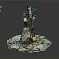 Man in green jacket brown pants standing one foot on rock on hexagonal cracked platform