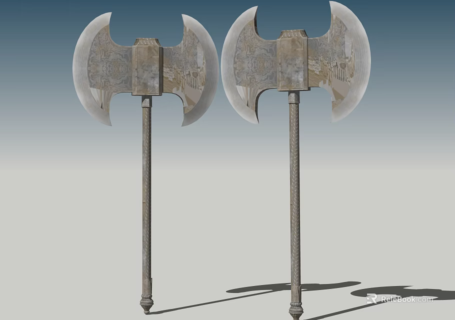 Two Medieval Metallic Battle Axes With Sharp Blades And Textured Shafts As Weapons 3d model 