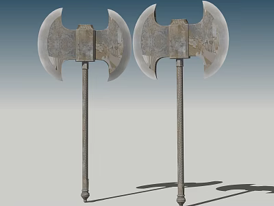 Two Medieval Metallic Battle Axes With Sharp Blades And Textured Shafts As Weapons 3d model