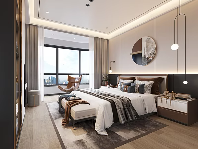 Modern Bedroom Interior Design With Large Bed Round Painting And Accent Chair 3d model