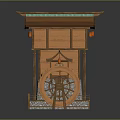 Traditional Chinese Wooden Building Model With Green Tiled Roof Red Lanterns And Water Wheel