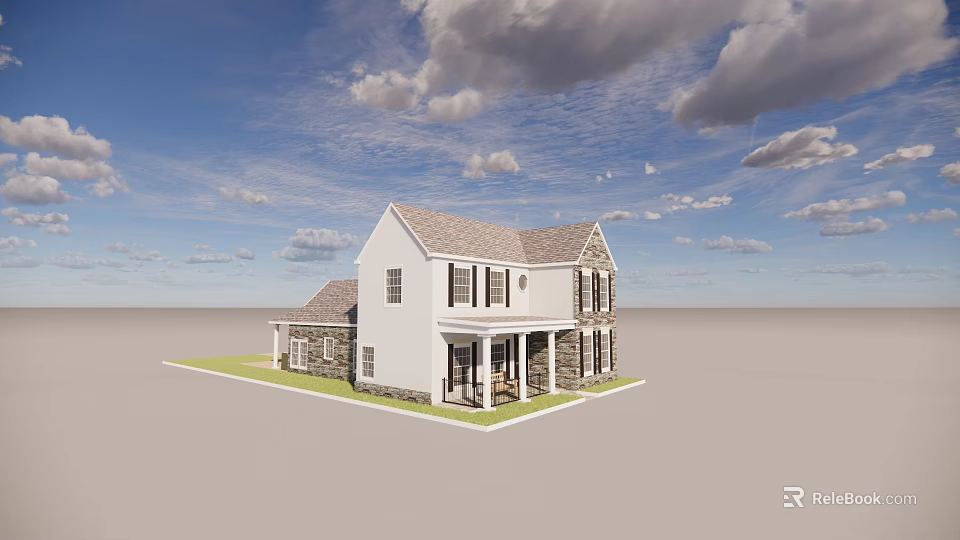 White Detached House Exterior With Gray Roof Porch Columns And Green Lawn Under Cloudy Sky 3d model 