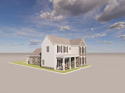 White Detached House Exterior With Gray Roof Porch Columns And Green Lawn Under Cloudy Sky 3d model