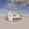 White Detached House Exterior With Gray Roof Porch Columns And Green Lawn Under Cloudy Sky
