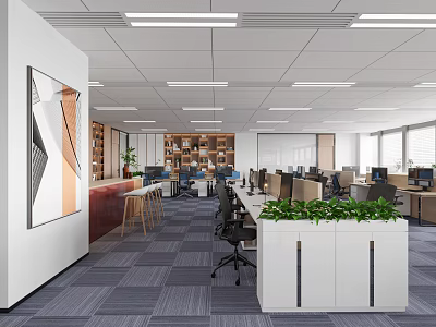 Modern Public Office Space With Workstations Green Plants Bookshelves And Bright Lighting 3d model