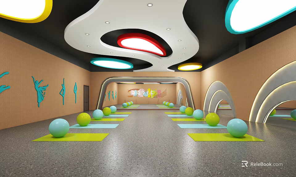 Colorful Fitness Studio With Yoga Mats Exercise Balls Curved Structures And Decorative Wall Art 3d model 