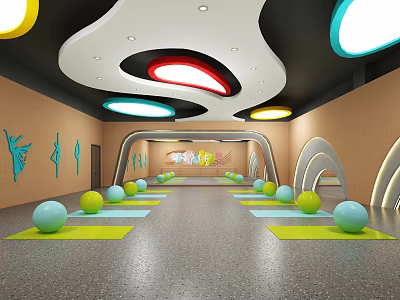 Colorful Fitness Studio With Yoga Mats Exercise Balls Curved Structures And Decorative Wall Art 3d model