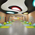 Colorful Fitness Studio With Yoga Mats Exercise Balls Curved Structures And Decorative Wall Art