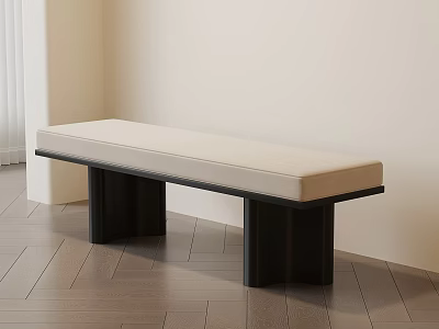 Modern Beige Cushioned Bench With Black Frame In Light Wall Wooden Floor Room 3d model