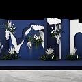 Elegant Wedding Stage Setup With Dark Blue Background White Cloud Decor And Floral Arrangements 3d model