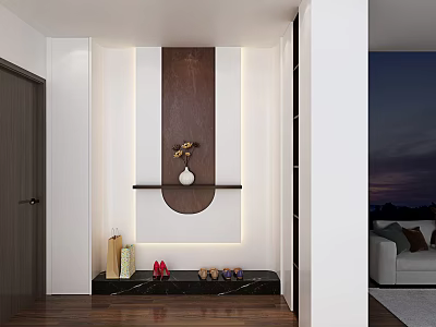 Modern Luxury Entryway Shoe Cabinet With Decorative Shelf Vase And Marble Countertop Lighting 3d model