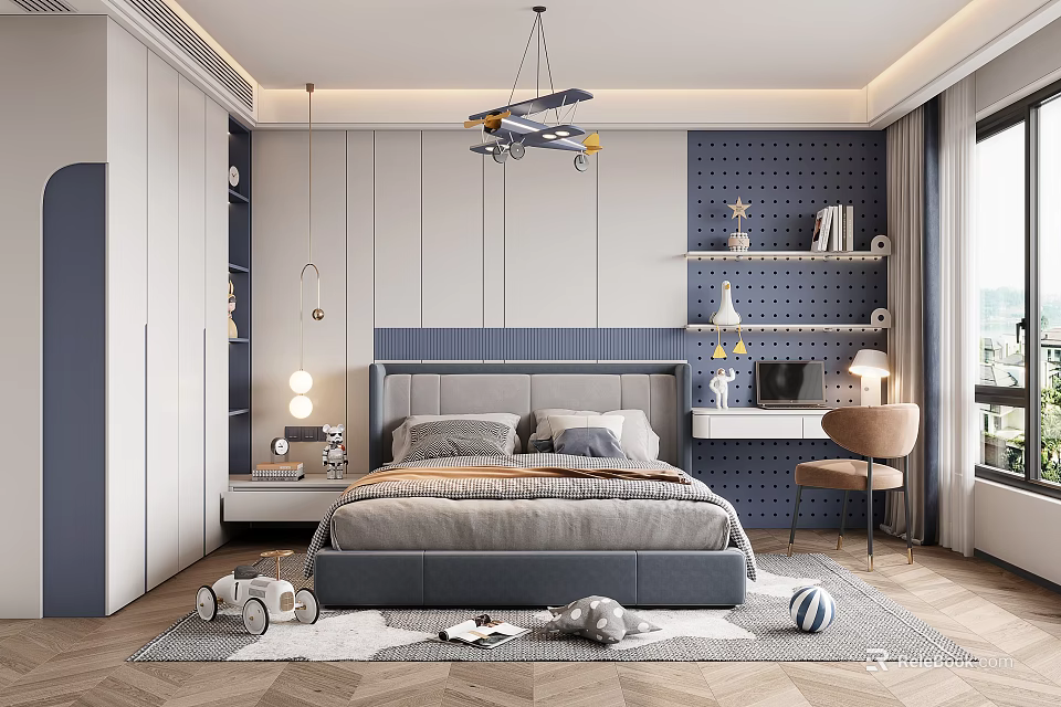 Kids Room Interior With Gray And Blue Decor Airplane Chandelier Bed Desk Chair And Toys 3d model 