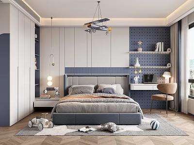 Kids Room Interior With Gray And Blue Decor Airplane Chandelier Bed Desk Chair And Toys 3d model