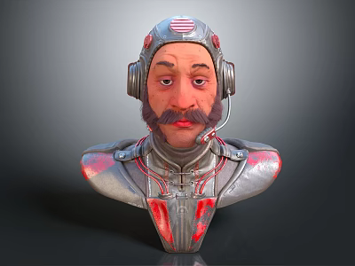 3D Character Bust With Headphones Mustache Metallic Armor Shoulders And Red Accents 3d model