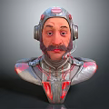 3D Character Bust With Headphones Mustache Metallic Armor Shoulders And Red Accents