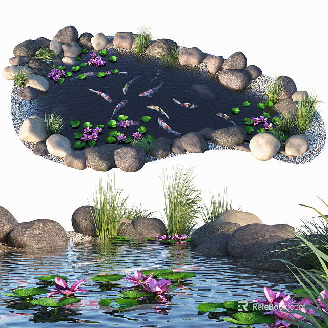 Serene Garden Water Feature With Colorful Koi Fish Purple Water Lilies And Smooth Rocks 3d model 