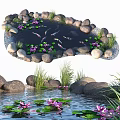 Serene Garden Water Feature With Colorful Koi Fish Purple Water Lilies And Smooth Rocks