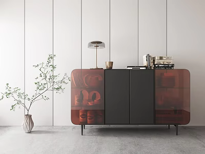 Modern Sideboard With Black And Red Glass Doors Table Lamp Coffee Machine And Green Plant 3d model