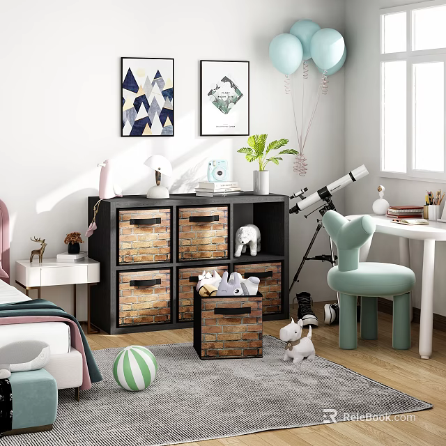 Kids Room Interior With Storage Bins Green Chair Desk Wall Art And Toys 3d model 
