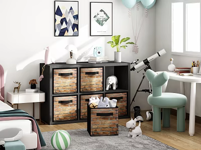 Kids Room Interior With Storage Bins Green Chair Desk Wall Art And Toys 3d model