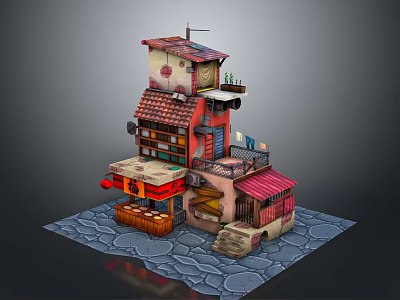 Cartoon Style Multi Story Building Scene With Red Tiled Roofs Balconies And Stone Paved Ground 3d model