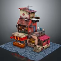 Cartoon Style Multi Story Building Scene With Red Tiled Roofs Balconies And Stone Paved Ground
