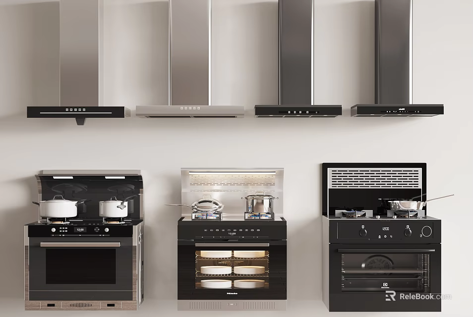 Modern Kitchen Appliances Featuring Stainless Steel Range Hoods and Built in Stoves With Ovens 3d model 