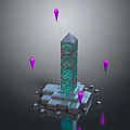 Enchanting Landscape With Mystical Tower Blue Glowing Green Patterns Purple Pyramids And Gray Block Base
