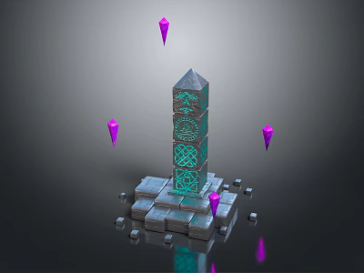 Enchanting Landscape With Mystical Tower Blue Glowing Green Patterns Purple Pyramids And Gray Block Base 3d model