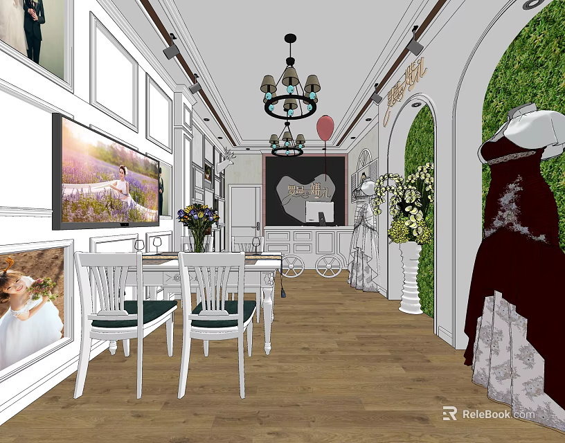 Elegant Bridal Shop With Chandelier White Tables Decorative Paintings Green Arch And Wedding Dresses 3d model 