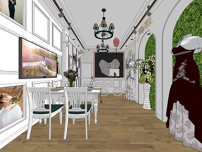 Elegant Bridal Shop With Chandelier White Tables Decorative Paintings Green Arch And Wedding Dresses 3d model