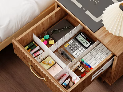 Neatly Organized Office Drawer Storage With Stationery Supplies And Dividers 3d model