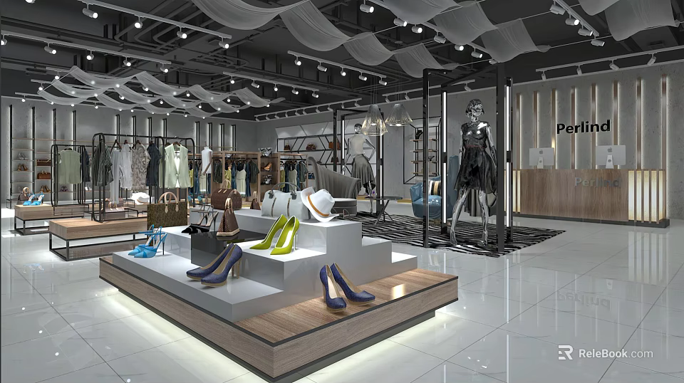 Modern Sleek Clothing Store Interior Design With Fashion Apparel Shoes And Luxury Handbag Displays 3d model 