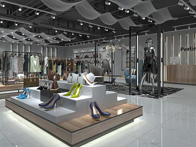 Modern Sleek Clothing Store Interior Design With Fashion Apparel Shoes And Luxury Handbag Displays 3d model