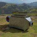 Industrial Equipment Featuring Metal Casing Blue Component and Warning Labels in Outdoor Rocky Grassy Area