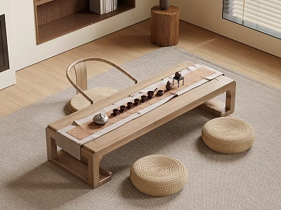 Minimalist Tea Room Interior With Wooden Tea Table Woven Straw Cushions And Tea Sets 3d model