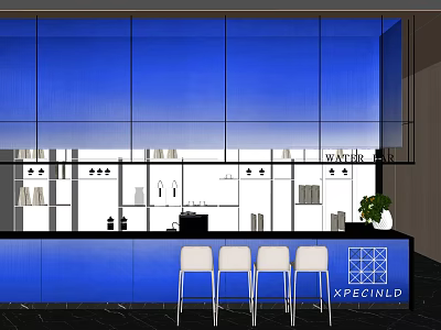 Modern Blue Bar Interior With Sleek Counter White Stools And Glass Wall 3d model