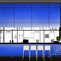 Modern Blue Bar Interior With Sleek Counter White Stools And Glass Wall