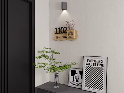 Modern Wooden 1102 Number Wall Hanging With Small Plant And Wall Decor 3d model