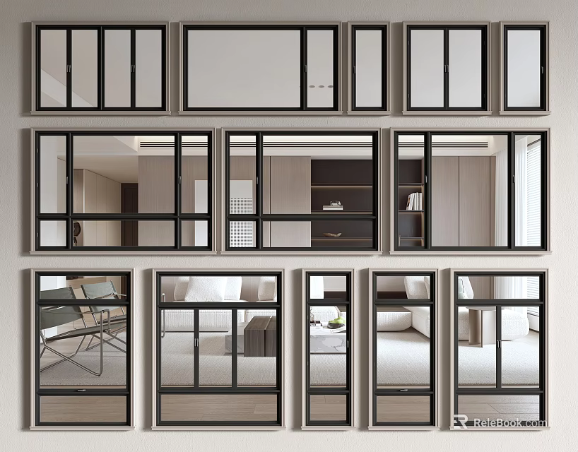 Modern Casement Windows With Black Frames Clear Glass And Interior Home Views 3d model 