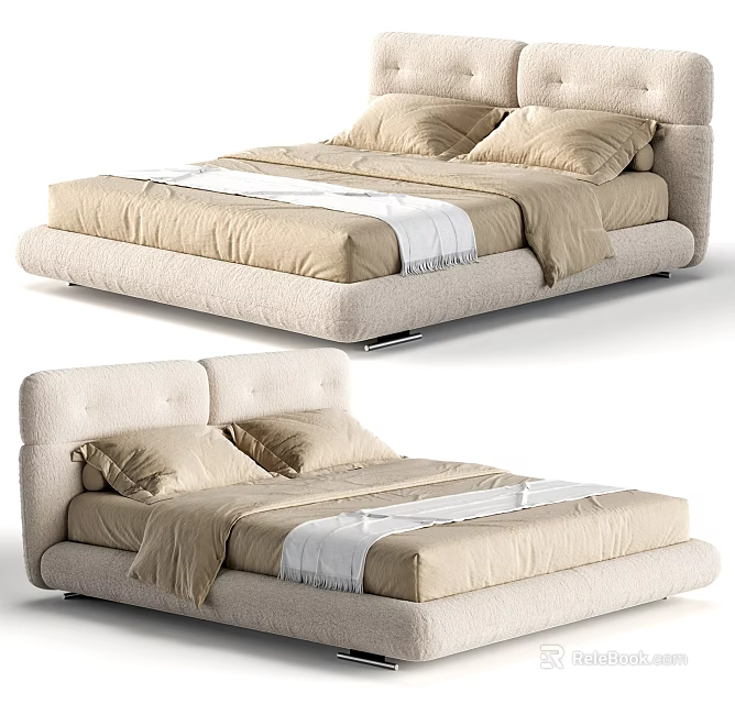 Modern Beige Double Bed With Upholstered Headboard Low Profile Frame And Striped Bedding 3d model 
