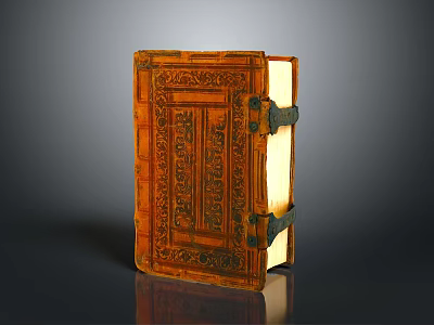 Intricate Carved Antique Book Cover With Leather Material And Metal Clasps 3d model