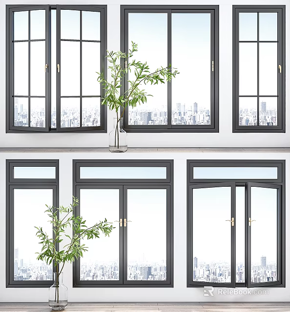 Modern Casement Windows With Black Frames Clear Glass And Urban View Design 3d model 