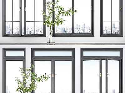 Modern Casement Windows With Black Frames Clear Glass And Urban View Design 3d model