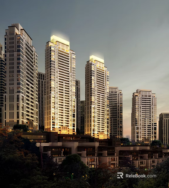 Modern High Rise Residential Buildings With Evening Lighting And Urban Surroundings 3d model 