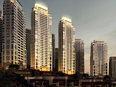 Modern High Rise Residential Buildings With Evening Lighting And Urban Surroundings 3d model