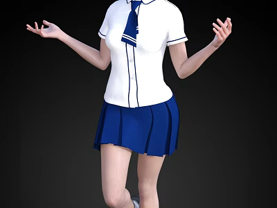 Woman in White Top with Blue Tie and Blue Pleated Skirt Standing with Hands Open 3d model