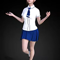 Woman in White Top with Blue Tie and Blue Pleated Skirt Standing with Hands Open