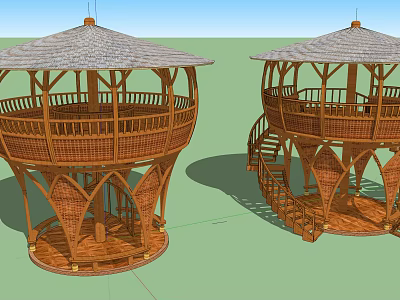 Traditional Bamboo Round Pavilions With Thatched Roof Balcony And Staircase 3d model