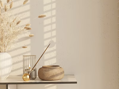 Decorative Ornament Set With Pampas Grass White Vase Golden Decor Stone Container And Sunlight Shadows 3d model